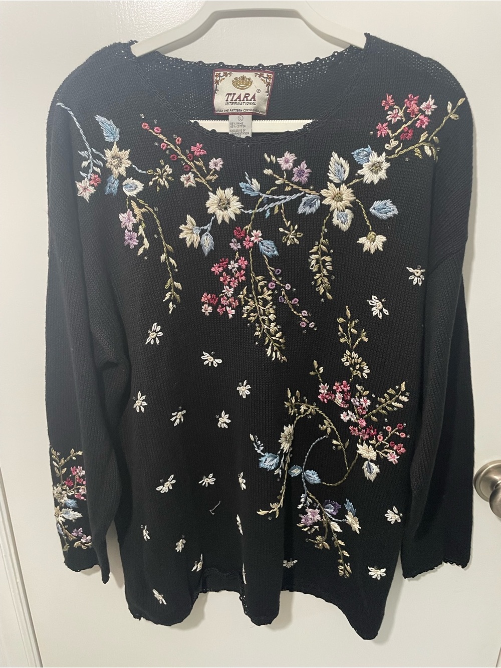 Tiara Black Crewneck Sweater with Multicolor Floral Embroidery